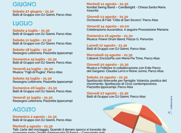 Programma eventi estivi 2026 a Lido del Sole, Rodi Garganico, con spettacoli e incontri.