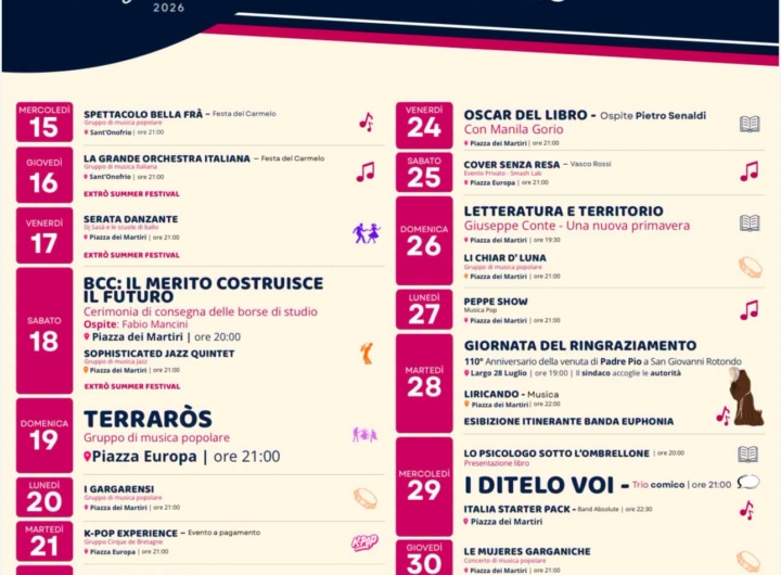 Locandina eventi estivi a San Giovanni Rotondo, luglio 2026, con musica e cultura.