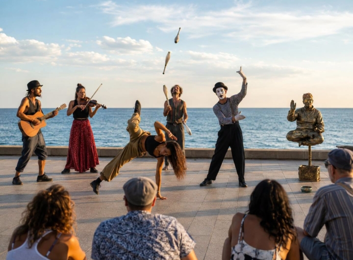 Artisti di strada si esibiscono sul lungomare di Manfredonia durante un festival estivo.