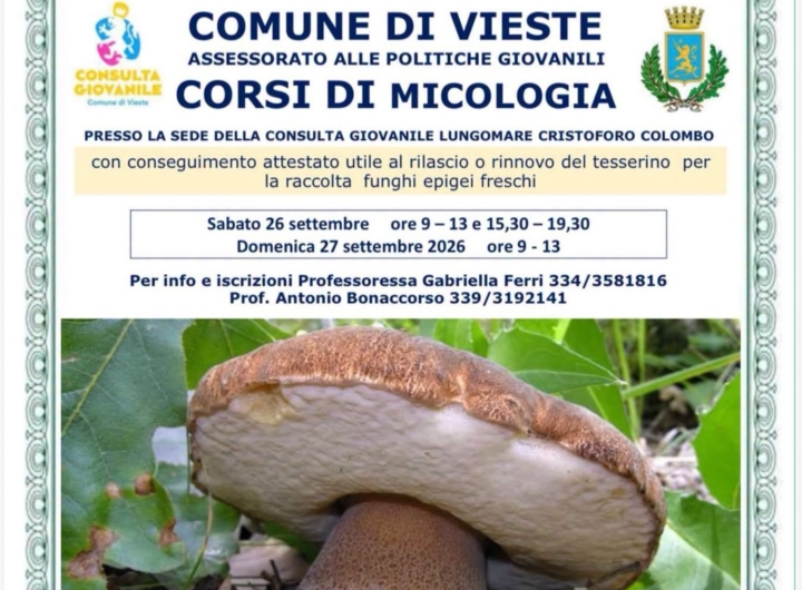 Locandina del corso di micologia a Vieste per la raccolta funghi epigei.