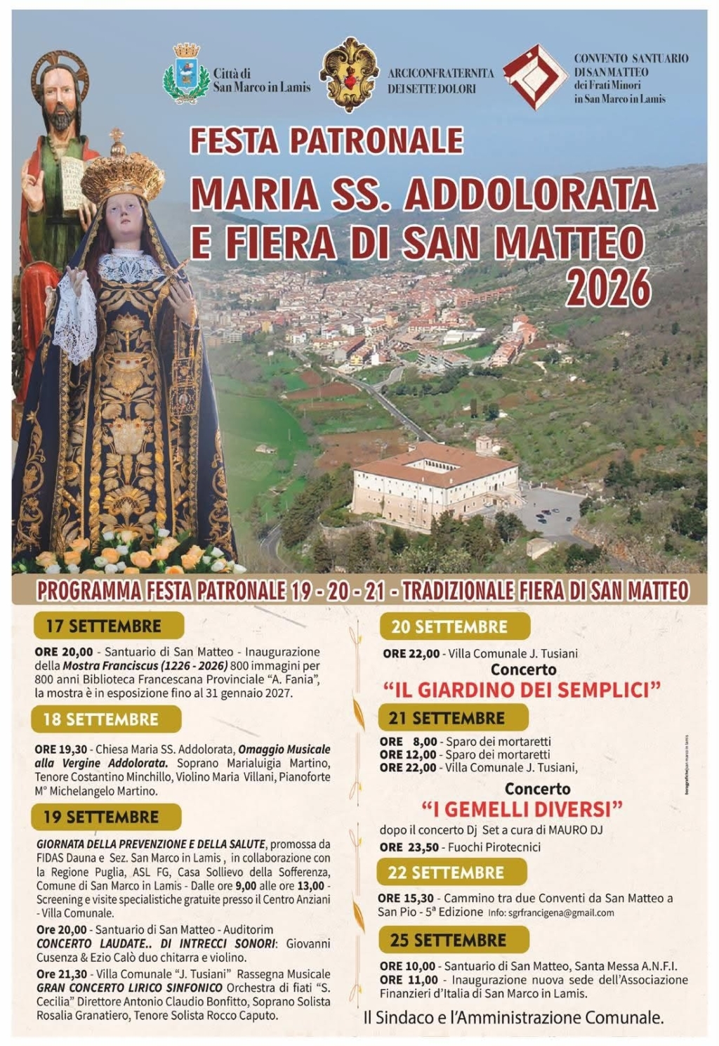 Manifesto della Festa Patronale e Fiera di San Matteo con date e logo comunale.