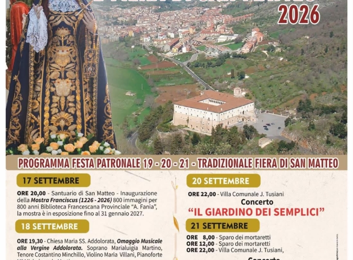 Manifesto della Festa Patronale e Fiera di San Matteo con date e logo comunale.