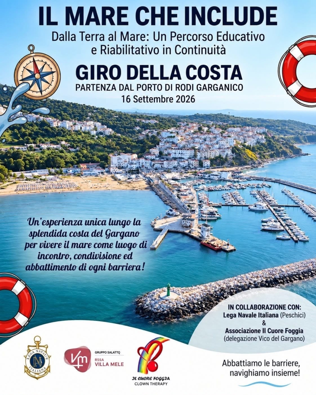 Imbarcazione con persone a bordo al Porto Turistico di Rodi Garganico per evento inclusivo.