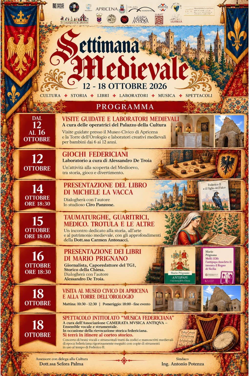Corteo storico con cavalieri e sbandieratori in costume medievale durante la Settimana Medievale ad Apricena.