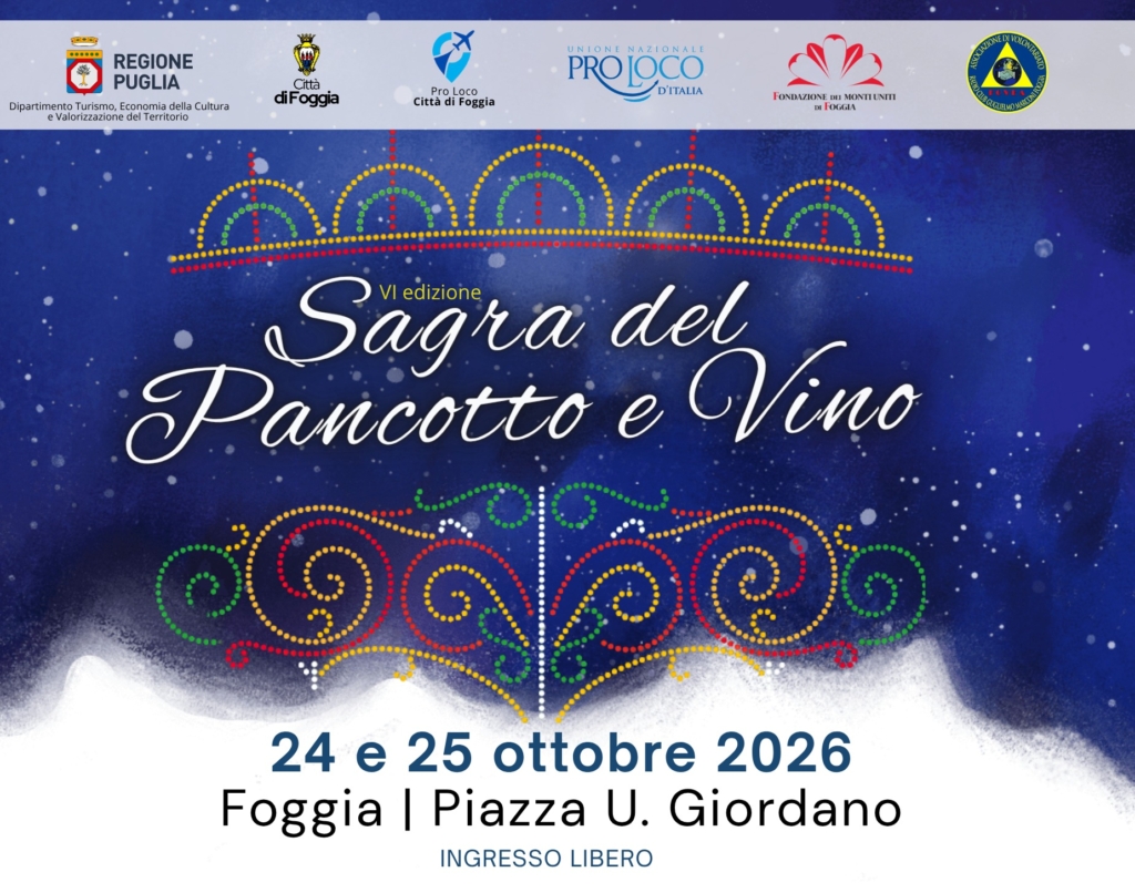 Una vivace immagine della Sagra del Pancotto e Vino a Foggia, con persone che degustano piatti e vino.