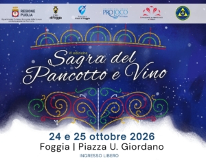 Una vivace immagine della Sagra del Pancotto e Vino a Foggia, con persone che degustano piatti e vino.