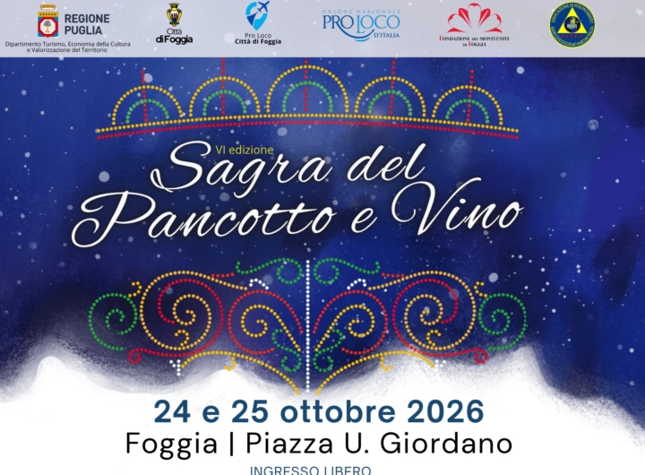 Una vivace immagine della Sagra del Pancotto e Vino a Foggia, con persone che degustano piatti e vino.