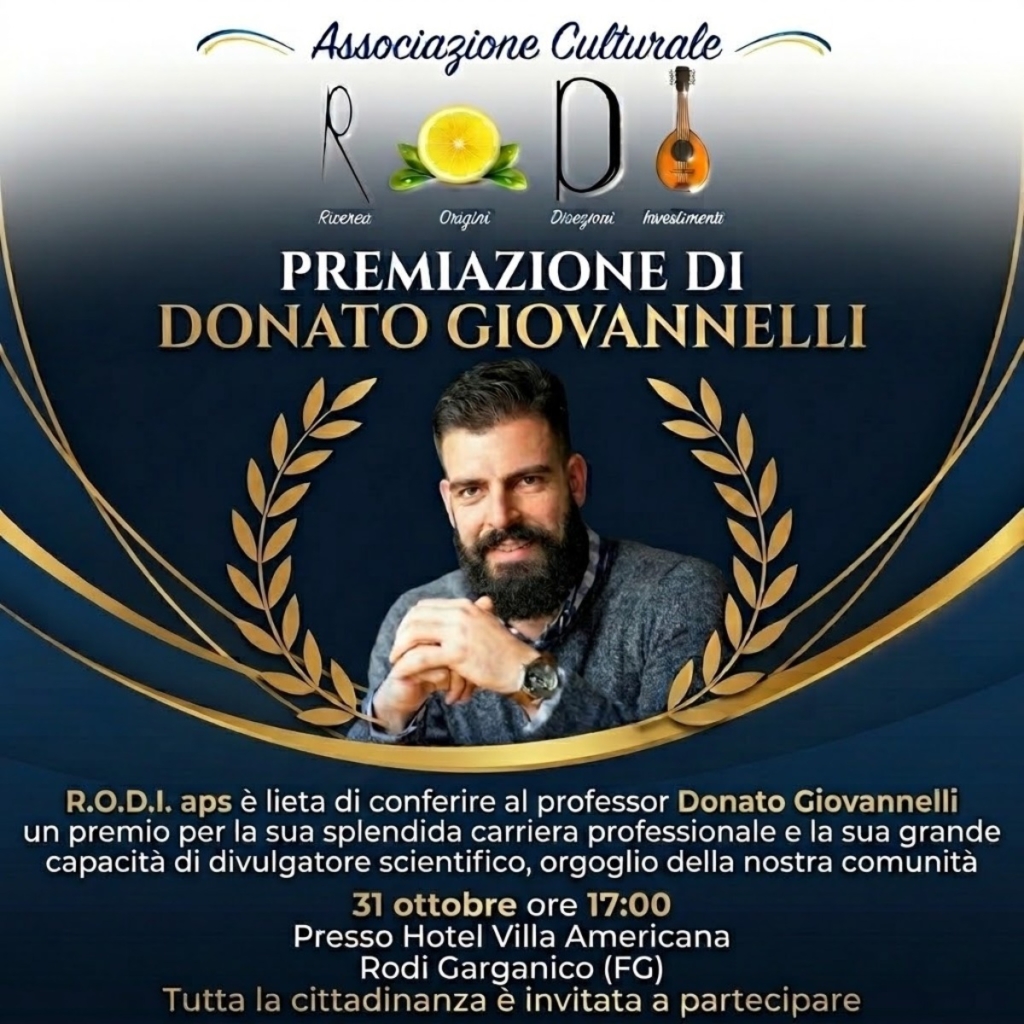 Il professor Donato Giovannelli riceve il premio alla carriera a Rodi Garganico.