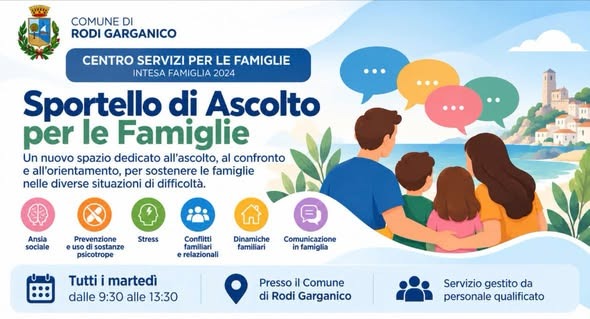 Immagine di persone che si supportano, con il logo del Comune di Rodi Garganico.